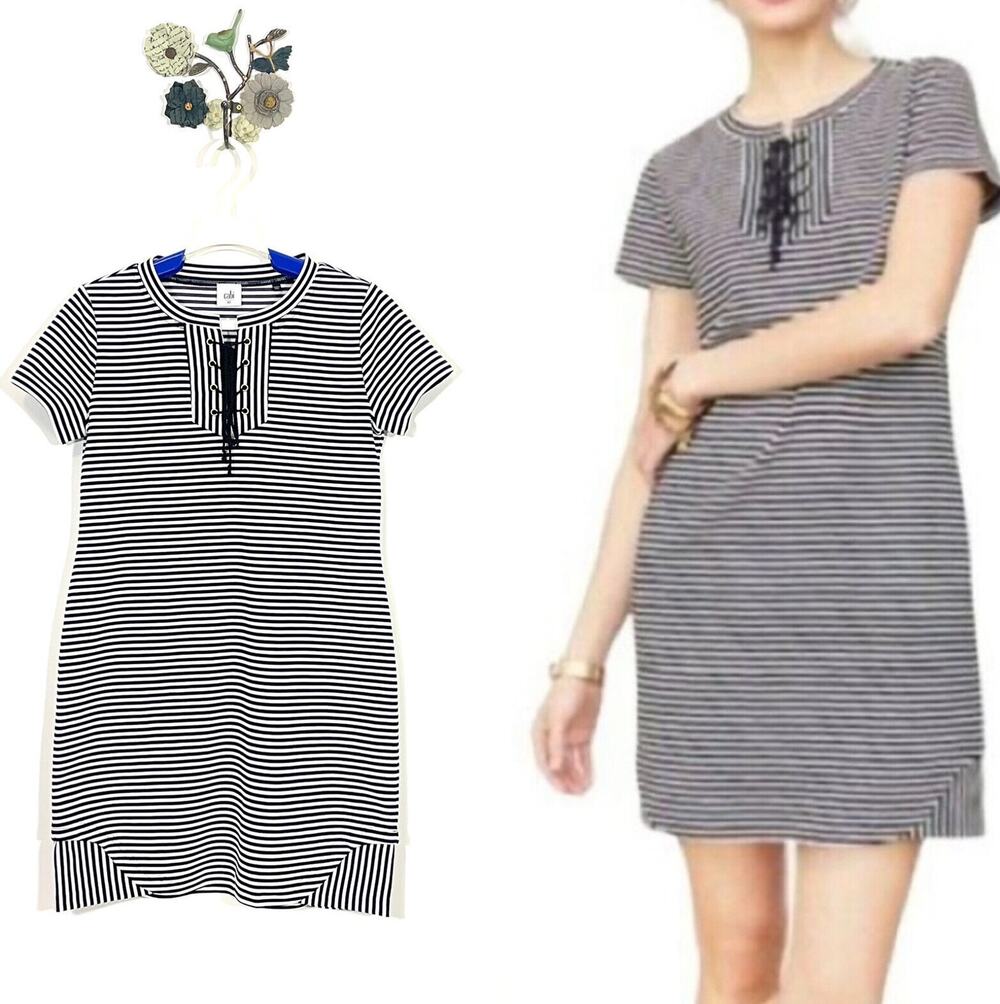 Cabi Captain Dress Size XS Blue White Knit Stripes Shift Short Sleeve Nautical